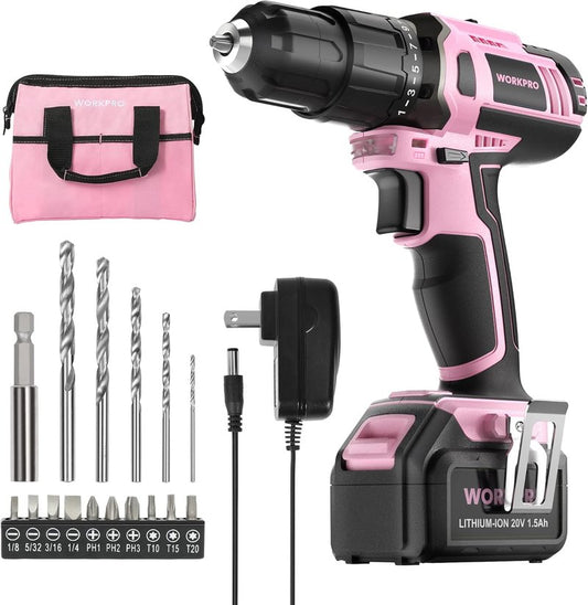 WORKPRO Pink Cordless 20V Lithium-Ion Drill Driver Set | Includes Battery, Charger & Storage Bag