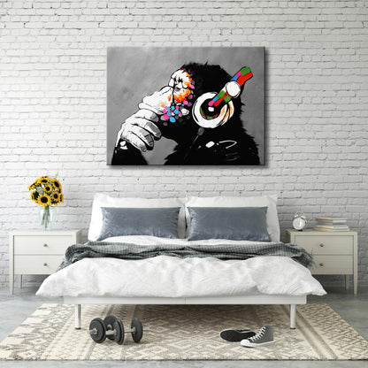 Wieco Art Black Framed Monkey With Headphones Banksy Graffiti Art Abstract Canvas Paintings Prints Animal Canvas Wall Art for Wall Decor and Home decorations Office Decor