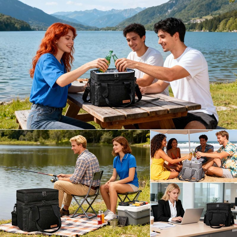 Prebargue Lunch Bag-Double Deck Insulated Lunch Box for Men Women, Soft Leakproof Thickened Cooler Bag for Work , Picnic, Outdoor, Camping, Travel with 2 Ice Packs(Black，15L)
