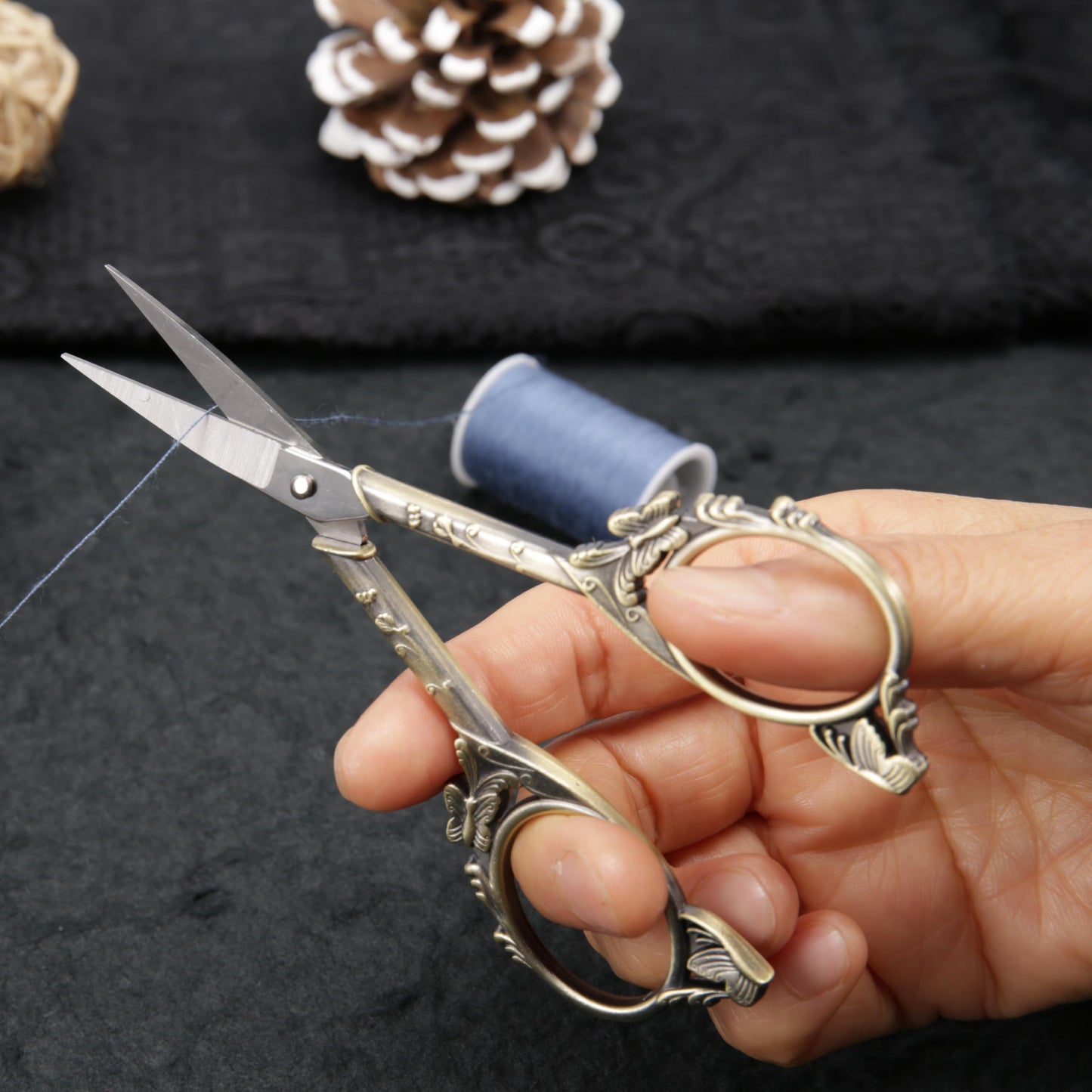 Artistic Vintage Craft Scissors Small 4.6 Inch Sharp Sewing & Embroidery Tool - Engraved Bronze Butterfly Handle, Silver Blade, Pink Polka Dot Case for Crochet, Fabric, Paper, DIY Crafts