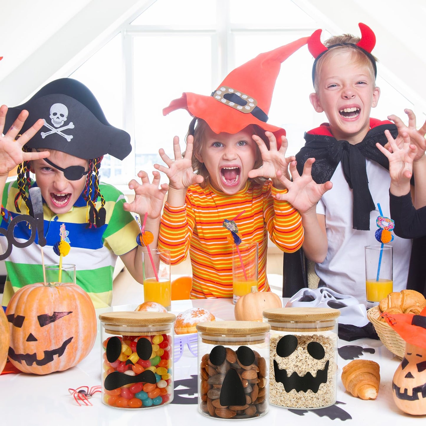 JarThenaAMCS 3Pcs Halloween Glass Storage Jars with Airtight Bamboo Lid Ghost Decorative Clear Food Storage Canisters Sets for Home Kitchen Countertop Decoration