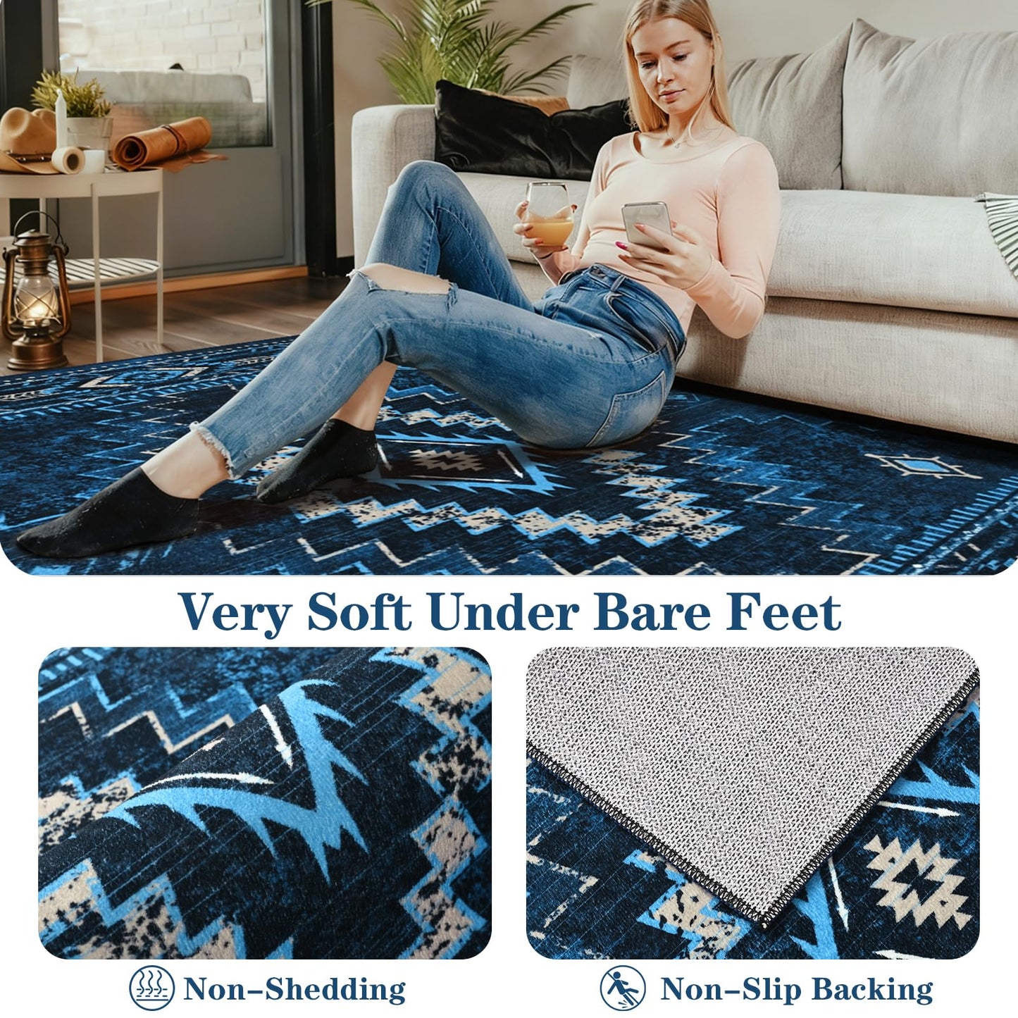 Yinhua Western 2x3 Rug Non-Slip, Aztec Entryway Rugs Low-Pile, Navy Blue Moroccan Washable Rug Stain Resistant, Front Door Rugs with Rubber Backing for Bathroom Kitchen Hallway