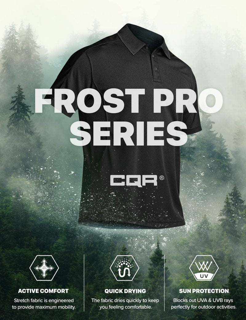 CQR Men's Quick Dry Tactical Polo Shirt, Lightweight Breathable Performance Polo, Short Sleeve UPF 50+ Outdoor Golf Shirt, Frost Pro Black, Large