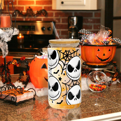Joyseller Halloween Iced Coffee Can Glass, 18oz Nightmare Halloween Cup with Lid and Straw, Spooky Season Glass Tumbler for Fall Gifts
