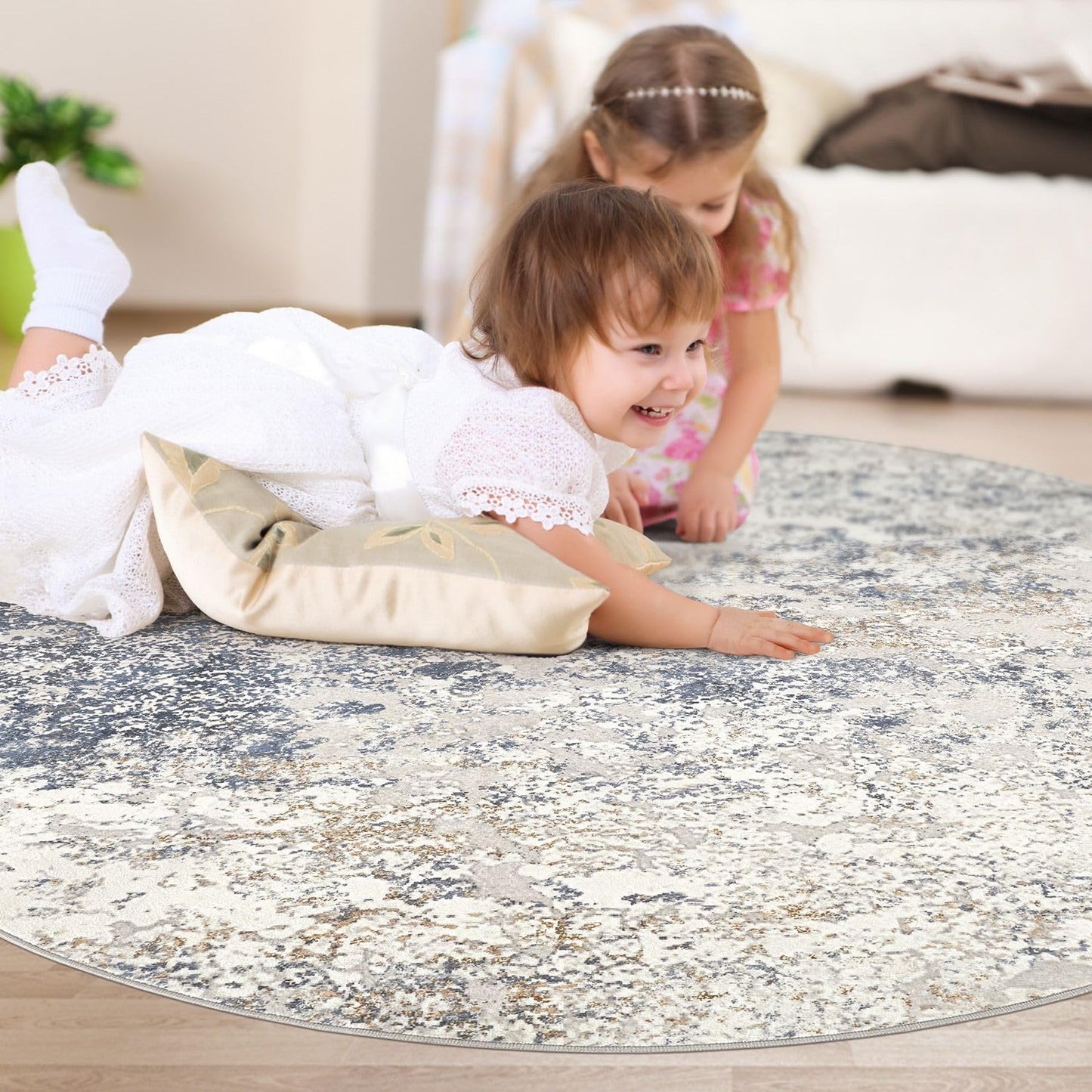 DMOYEST 6ft Round Area Rug Living Room Rugs - 6x6 Washable Large Soft Indoor Modern Abstract Low Pile Rug Carpet for Bedroom Dining Room Farmhouse Home Office - Beige Blue