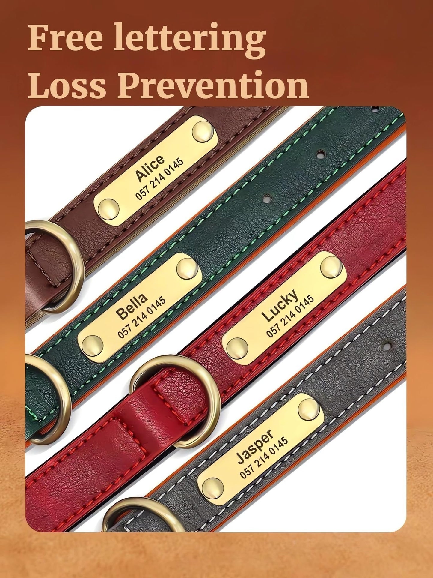 SEOUGEE Genuine Leather Dog Collar Personalised, Soft Padded Leather Dog Collars Heavy Duty with Custom Engraved Name Plate Adjustable for Small Medium Large Dogs (M, Brown 28-37cm)