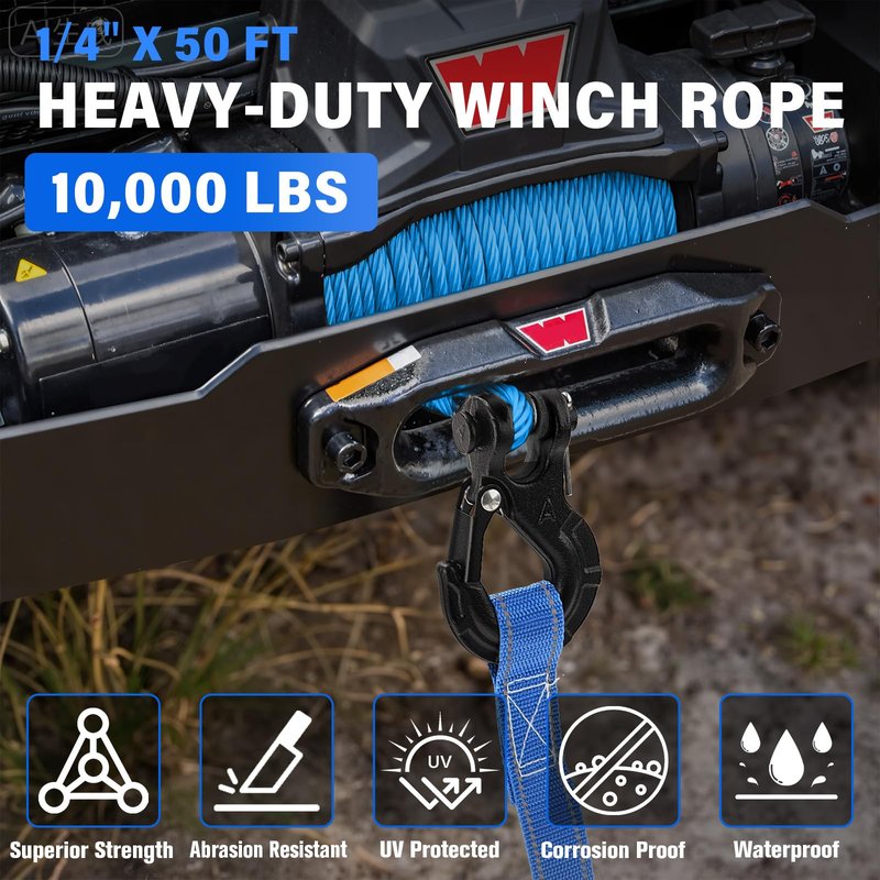 HOKINETY Synthetic Winch Rope Kit - 1/4" x 50' 10000 lbs Synthetic Winch Cable for ATV UTV Off-Road Vehicles with Forged Hook, Rubber Stopper, Protective Sleeve and Safety Pull Strap - Blue