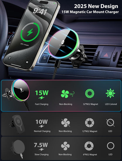 MOKPR for Magsafe Car Mount Charger, 15W Magnetic Wireless Car Charger, Air Vent/Dashboard for Magsafe Phone Holder Fits iPhone 16/15/14/13/12