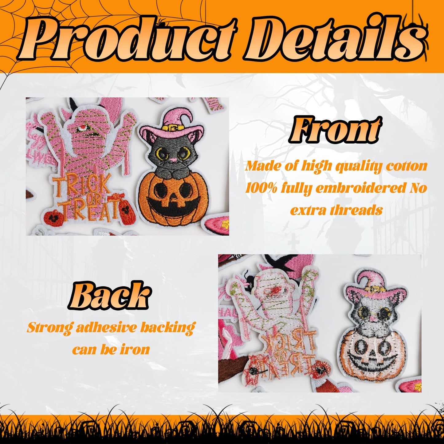 AXEN 16pcs Halloween Iron on Patches, Pink Halloween Patches Embroidered Applique for Girls Clothing, Hats, Backpacks, Jeans