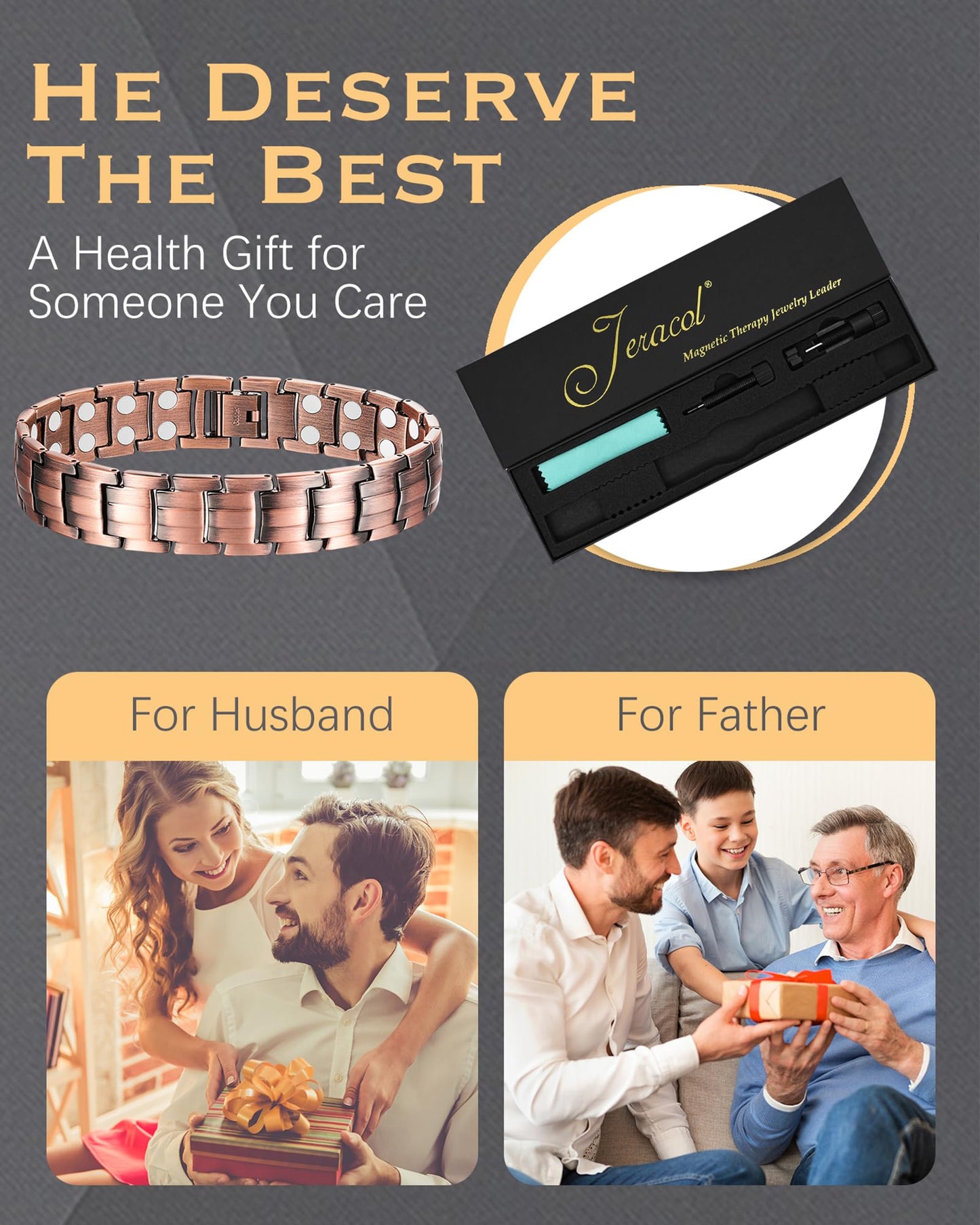 Jeracol Copper Bracelets for Men,Magnetic Wristbands Bracelet with Double Row Strength Magnets,Copper Magnetic Brazaletes with Remove Tool & Jewelry Gift Box