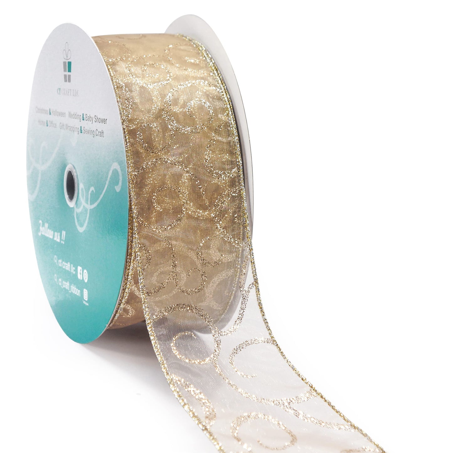 CT CRAFT LLC Organza with Champagne Gold Glitter Swirls Wired Ribbon 2.5 inch x 50 Yards for Christmas Home Decor Tree Topper Bow Gift Wrapping DIY Crafts Wreath Garland Wedding