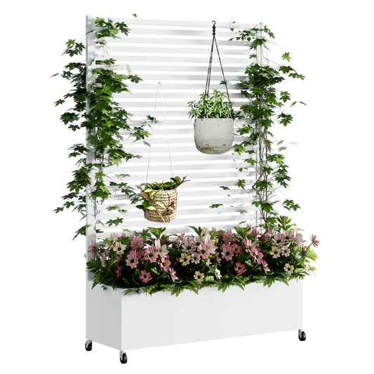Sunnibety Metal Planter Box with Trellis Privacy Screen, Raised Garden Bed with Trellis & Wheels, Privacy Planters for Patio, Planter Box with Drainage Holes for Climbing Plants, 73"x 47"x 16", White