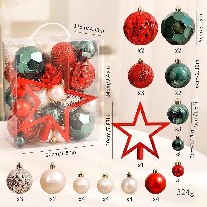 50 PCS Christmas Ball Ornaments Set, Classic Red Green Golden White Decorations, Mixed Shapes & Finishes, All-in-One Tree Decorating Kit, Gift & Home Holiday Decor