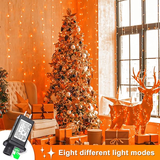 400 LED Christmas Lights Outdoor 132 FT String Lights Indoor Outdoor Clear Wire with 8 Modes Plug in Waterproof Orange String Light for Christmas Tree Party Thanksgiving Decorations