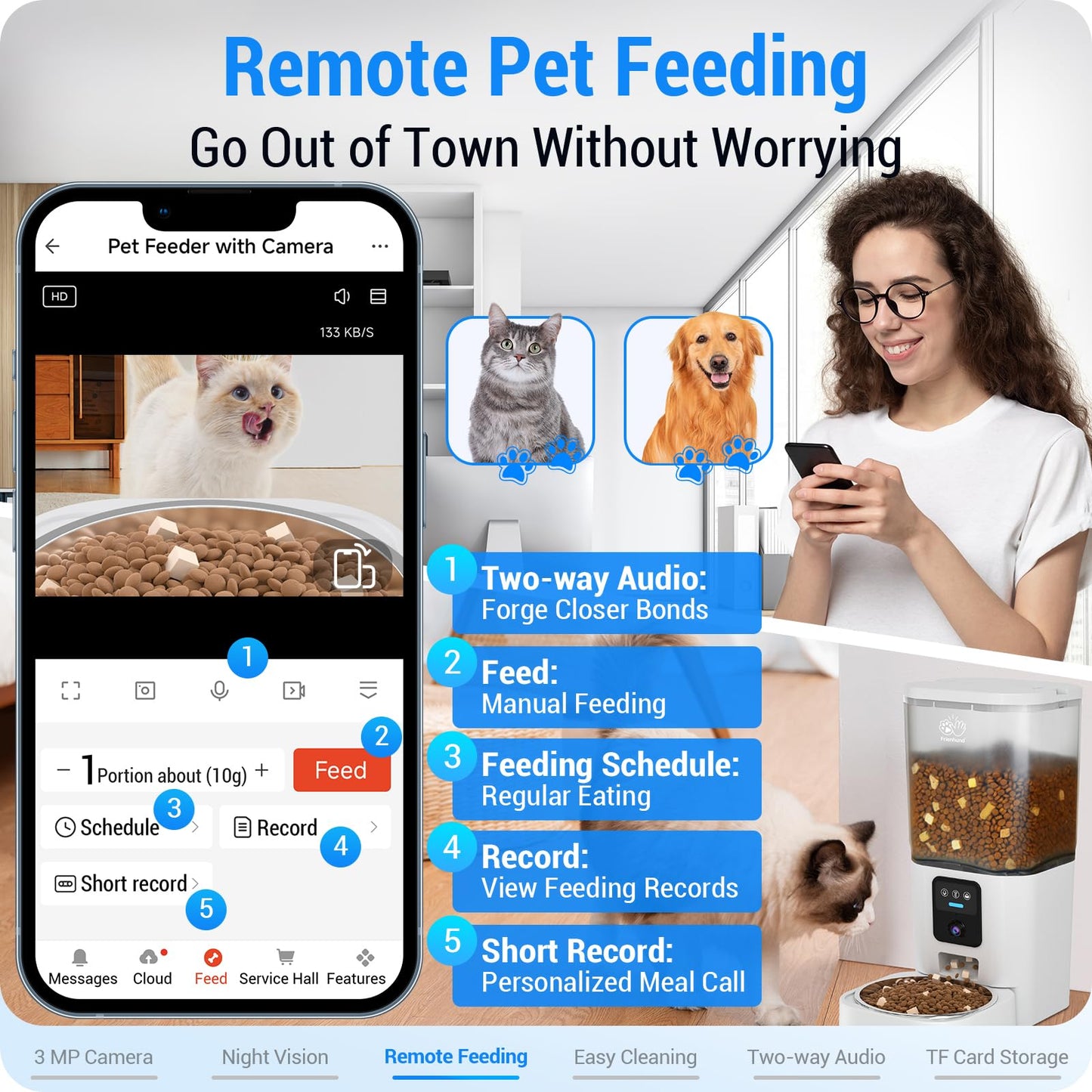 Frienhund Automatic Cat Feeder with 2K HD Camera: Automatic Dog Feeder with Night Vision, Cat Food Dispenser with 5G WiFi for Multiple Pet, Detachable for Easy Clean - 29 Cup （7L Large Capacity）