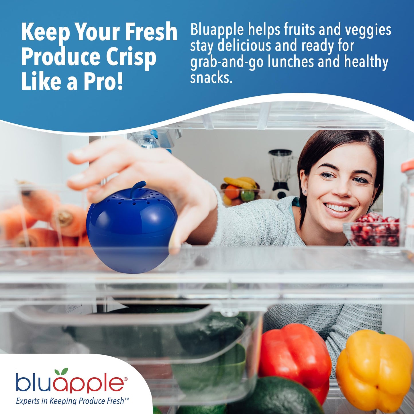 Bluapple Produce Saver Ethylene Gas Absorber 2-Pack - Keeps Fruits & Vegetables Fresh Longer in Refrigerator Crisper, Shelves, & Fruit Bowls, Lasts up to 3 Months, Produce Storage, BPA Free, USA Made