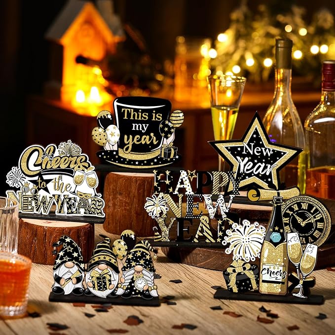 Realspring 6 Pc Happy New Years Table Decorations, New Year 2026 Wooden Table Centerpieces, Black Gold 2026 Party Supplies, Eve Party Supplies