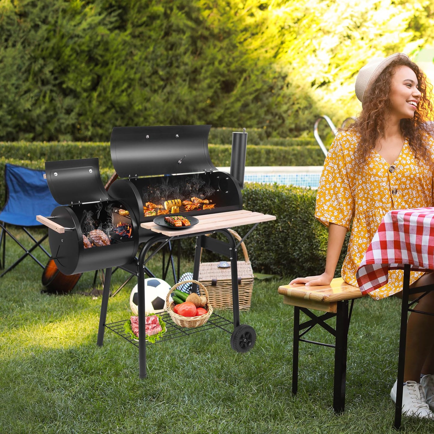 Outvita BBQ Charcoal Grill, Outdoor Patio Barbecue Cooker with Offset Smoker, Wheels and Tray for Balcony Picnics, Party and Camping