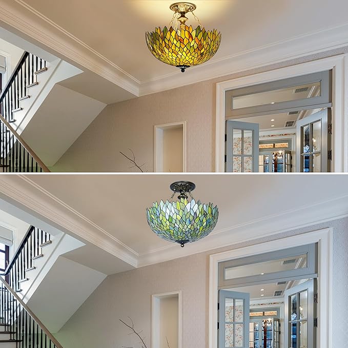 Tiffany Ceiling Light Fixture Green Wisteria Stained Glass Semi Flush Mount Lamp Wide 16 Inch Height 15 Inch Tiffany Ceiling Lamp