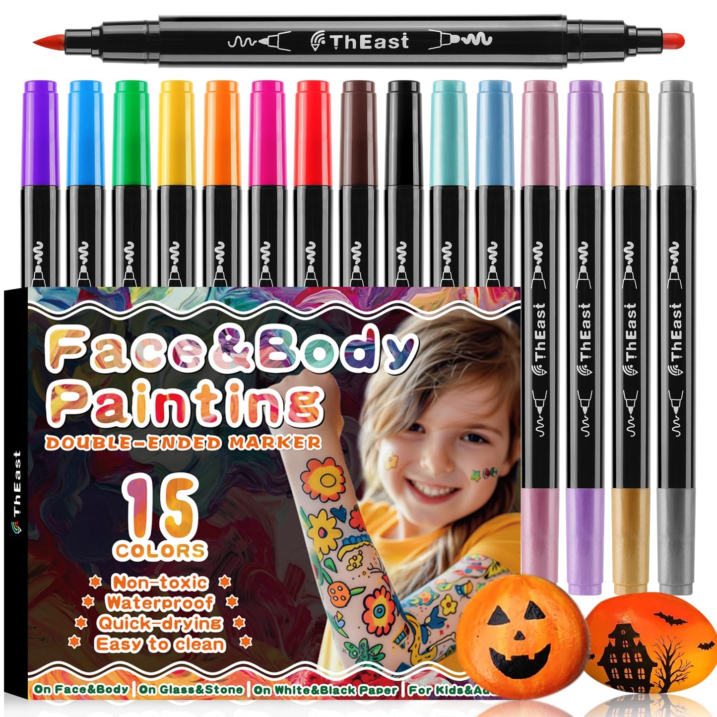 ThEast Halloween Face Painting Kit for Kids, 15 Colors Washable Face Paint Markers, Tattoo Markers Body Paint Pens, Halloween Facepaint Makeup, Teen Girl Gifts Trendy Stuff