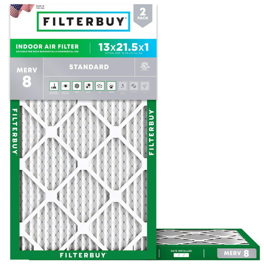 Filterbuy 13x21.5x1 Air Filter MERV 8 Essential Dust & Allergy Defense (2-Pack), Electrostatic Pleated HVAC AC Furnace Filters Replacement, Made in USA (Actual Size: 12.88 x 21.50 x 0.75)