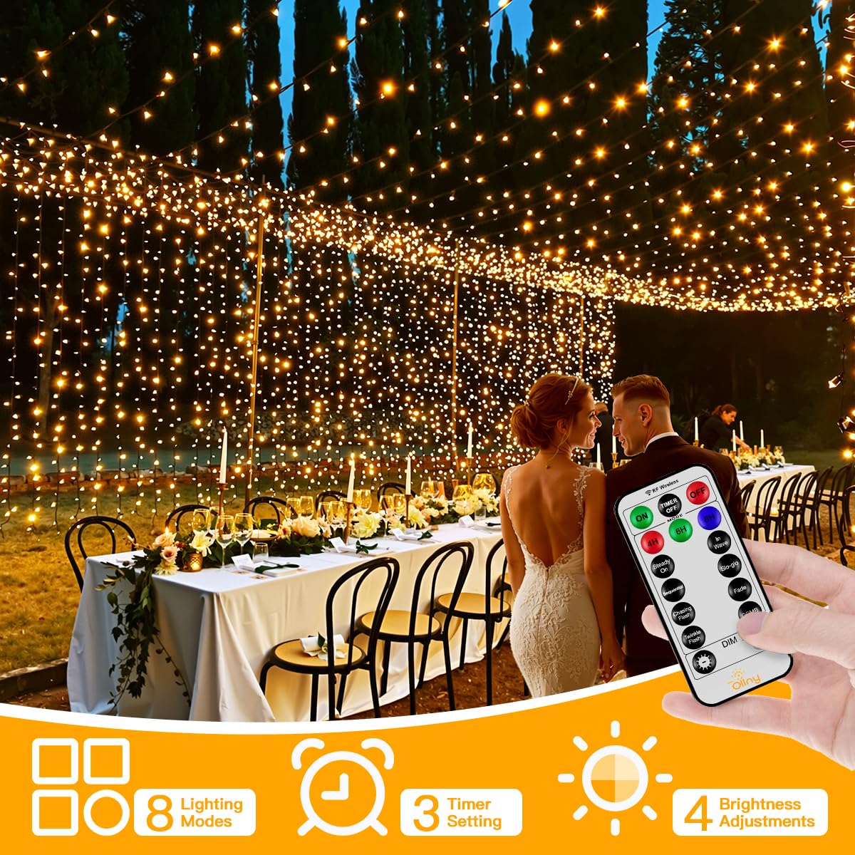 Ollny 20m 200 LED Outdoor Fairy Lights Mains Powered, Warm White Waterproof String Light with Plug/Remote/Modes/Timer, Bright Lighting Outside Indoor Garden Party Wedding Decorations