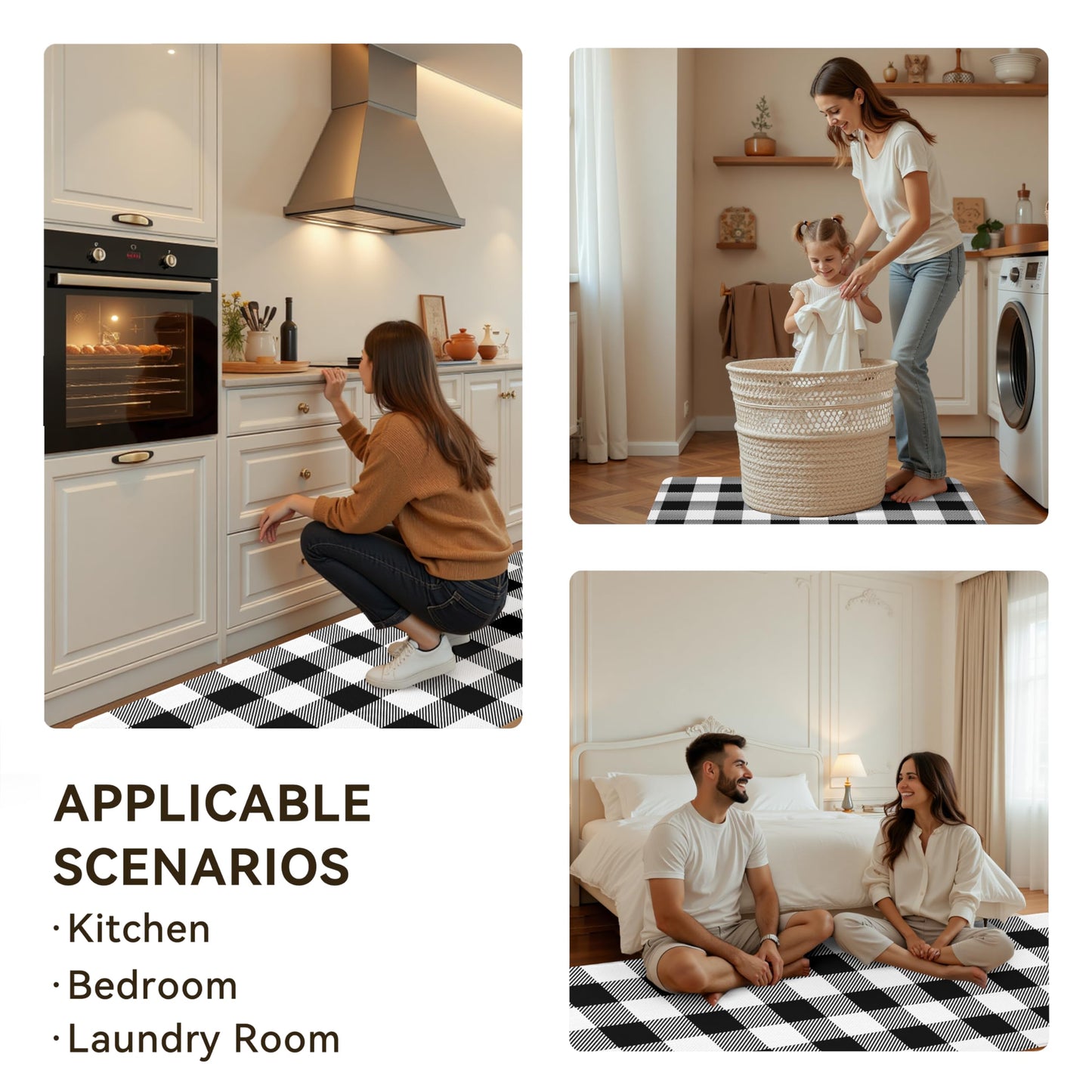VivaNest Black Buffalo Check Plaid Grid Kitchen Rug Sets [2 PCs], Anti-Fatigue, Waterproof Non-Slip Kitchen Mats Heavy Duty Ergonomic Comfort Foam Rug for Floor, Home, Laundry,17.3"x29"+17.3"x47"