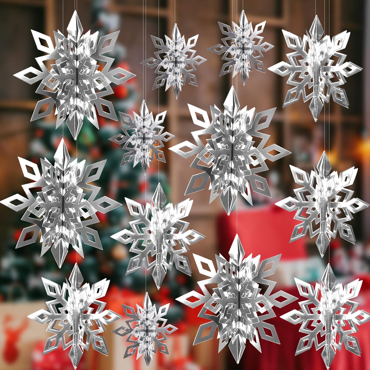 CCINEE 12 Pieces 3D Silver Snowflake Hanging Garland, Christmas Iridescent Paper Snowflakes String Ornaments for Classroom Ceiling Winter Wonderland Wall Hang Holiday New Year Home Decorations
