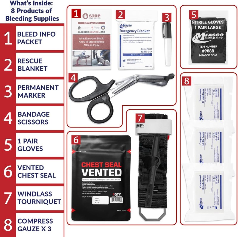 Stop The Bleed 10-Piece Bleeding Control Kit - Tourniquet, Compressed Gauze & Chest Seal | Portable & Easy-to-Open