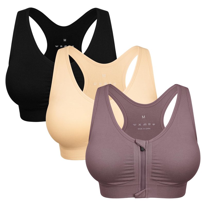 Women's Zip Front Sports Bra Wireless Post-Surgery Bra Racerback Yoga Sports Bras Post Breast Augmentation Bras Workout Running Compression Bras 3 Pack (X-Large, 3 Pack(Black+Flesh+Light Purple))