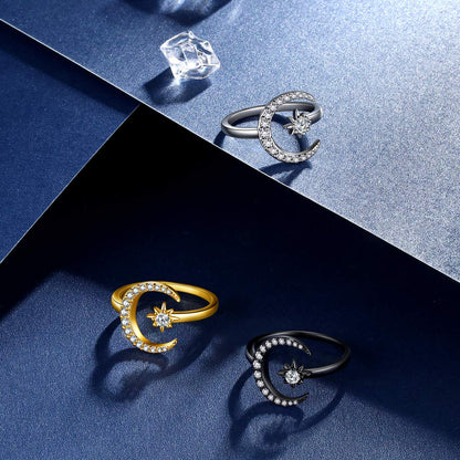 beautlace Star and Moon Adjustable Rings Black Gun Plated Crescent Moon Stars Open Ring Jewelry for Women KR0032K