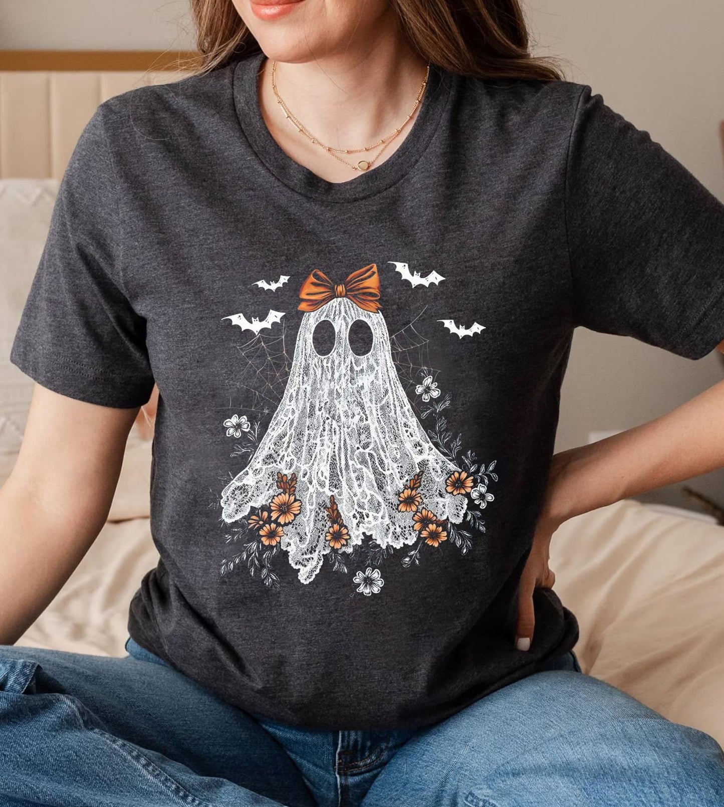Ghost Halloween Shirts Women Cute Lace Ghost Graphic Halloween Shirt Funny Halloween Shirts Casual Halloween Party Tops (L, Ghost A-Dark Grey)