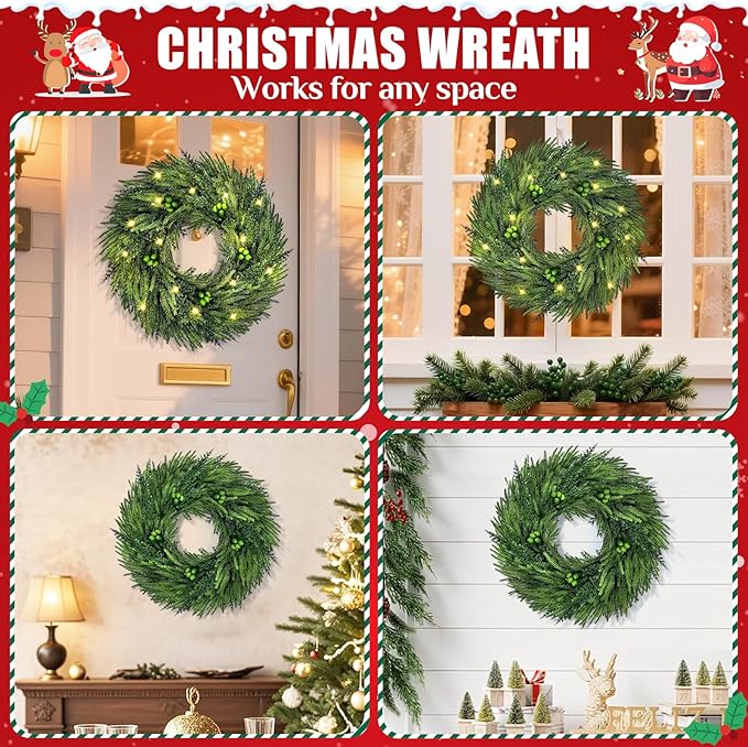 24 Inch Christmas Wreaths for Front Door, 2 Pack Real Touch Norfolk Pine Wreath Large Christmas Wreath with Lights, Winter Wreaths Christmas for Outdoor Indoor Windows Xmas Decor