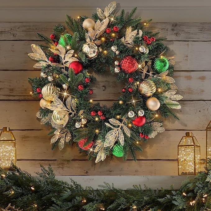 28’’ Pre-Lit Artificial Christmas Wreath Battery Operated 35 LED Lights with Gold, Green, and Red Ornaments, Glittering Gold Leaf Steams for Front Door, Xmas Wreath for Holiday Christmas Decorations