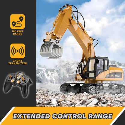 Top Race Remote Control Digger Excavator 15 Channel Professional 1:14 Construction Toy with Lights and Sound - Boys and Girls, Age 12+