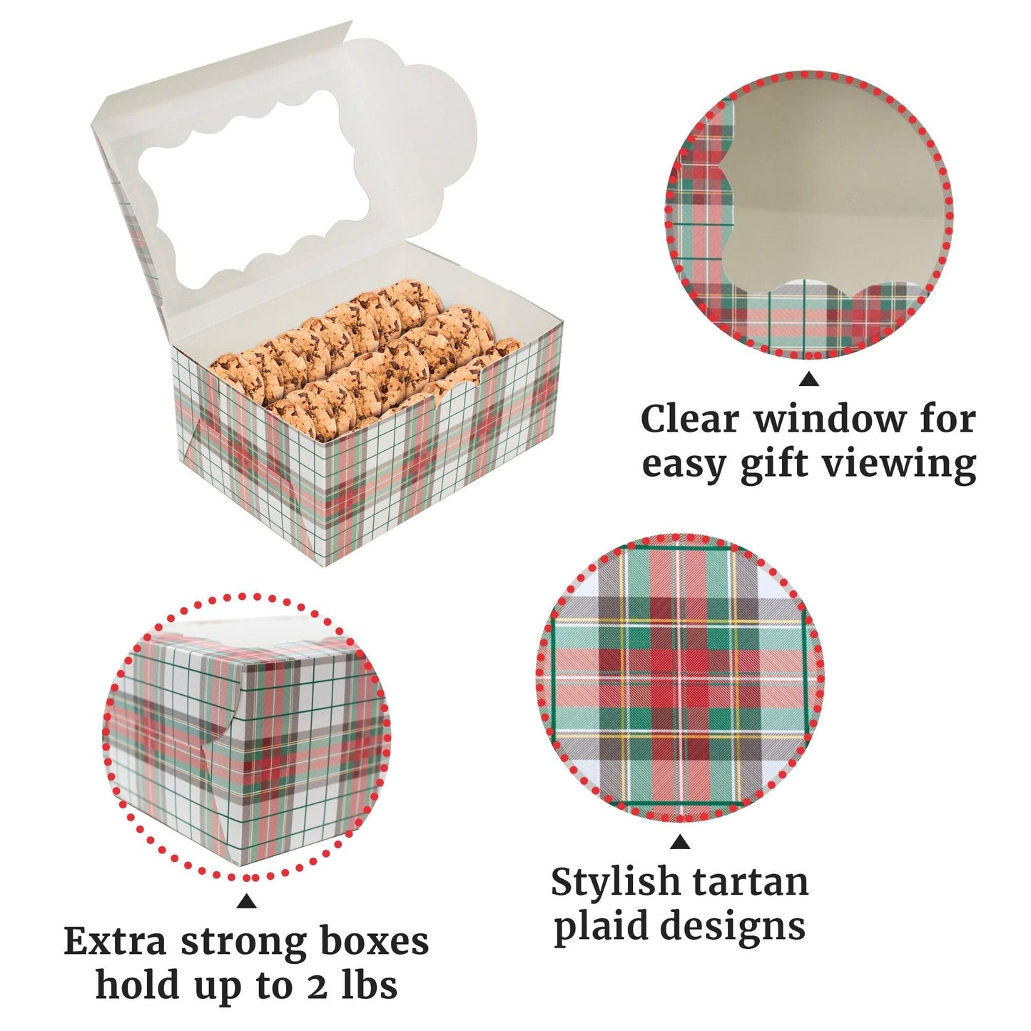 Christmas Cookie Boxes - 12 Pack - White & Red Tartan Plaid Bakery Gift Box with Window - Perfect for Pastries, Cupcakes, Macarons, Candy, & Treats - LG Size Easily Fits a Dozen Cookies - 12 pcs