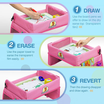lenbest Travel Tray, Indoor & Outdoor Learning Educational Toys Play Tray Lap Desk with Dry Erase Top - 6 Pens & 5 Drawing Papers - Multifunctional Activity Tray for Kids Toddlers Boys Girls (Pink)