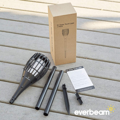 Everbeam P1 Solar Torch Light with Flickering Flame - Our Waterproof Outdoor Solar Tiki Torches Come Equipped with 96 LED Bulbs That Create A Stunning Realistic Fire Effect - 2 Pack