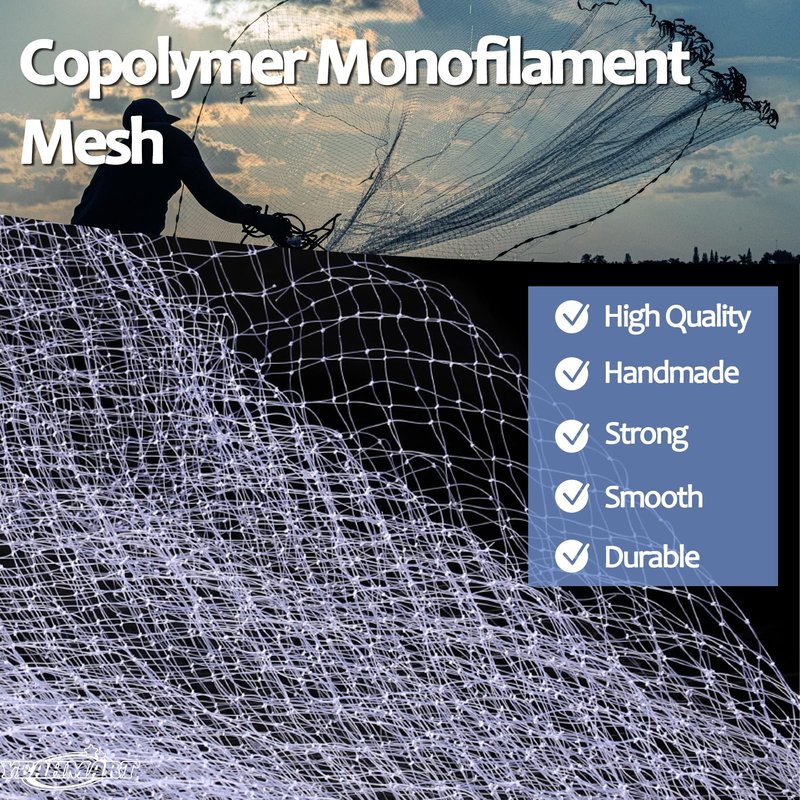 Yeahmart Handmade American Saltwater Fishing Cast Net with Heavy Duty Real Zinc Sinker Weights for Bait Trap Fish 9Ft Radius, 3/8 Inch Mesh Size