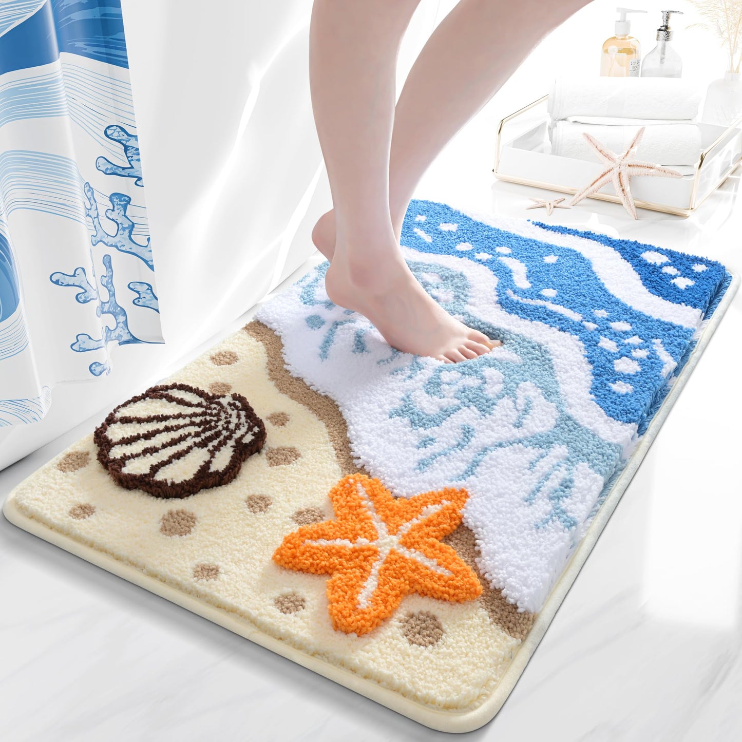 QJHOMO Coastal Bathroom Rugs Beach Ocean Wave Bath Mat Nautical Rug, Cute Colorful Bath Rug 3D Starfish Shell Beachy Theme Bathroom Decor, Soft Microfiber Carpet Non Slip Washable Bathmat(20x32 inch)