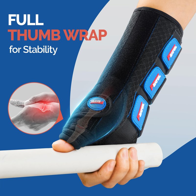 FEATOL Carpal Tunnel Wrist Brace Night Support, Thumb Spica Splint Right Hand for De Quervains Tenosynovitis, Tendonitis, Thumb Brace for Women Men, Black Blue, Small/Medium