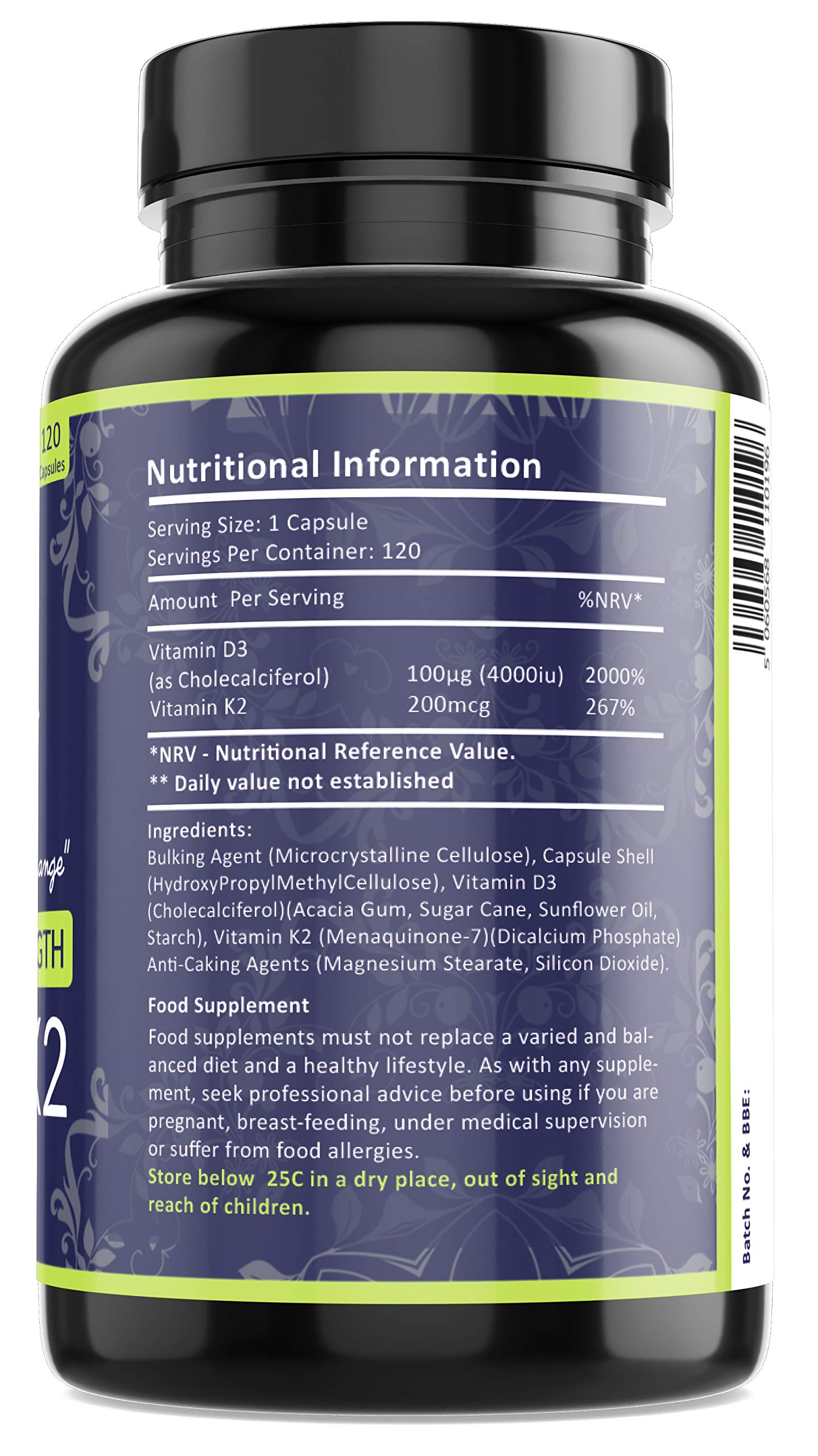 Vitamin D3 4000 IU and Vitamin K2 200µg MK7 - Vitamin D3 K2 High Strength Supplement - 120 Capsules 4 Month Supply Cholecalciferol - K2 Menaquinone-7 - Made in The UK