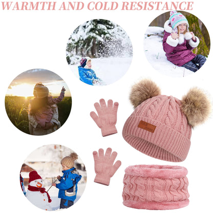beifon Kids Winter Warm Beanie Hat Scarf Gloves Set Thermal Knit Crochet Thick Fluffy Toddler Cap Pom Pom Bobble Hat with Faux Fur for Girls Boys Children Aged 3-8