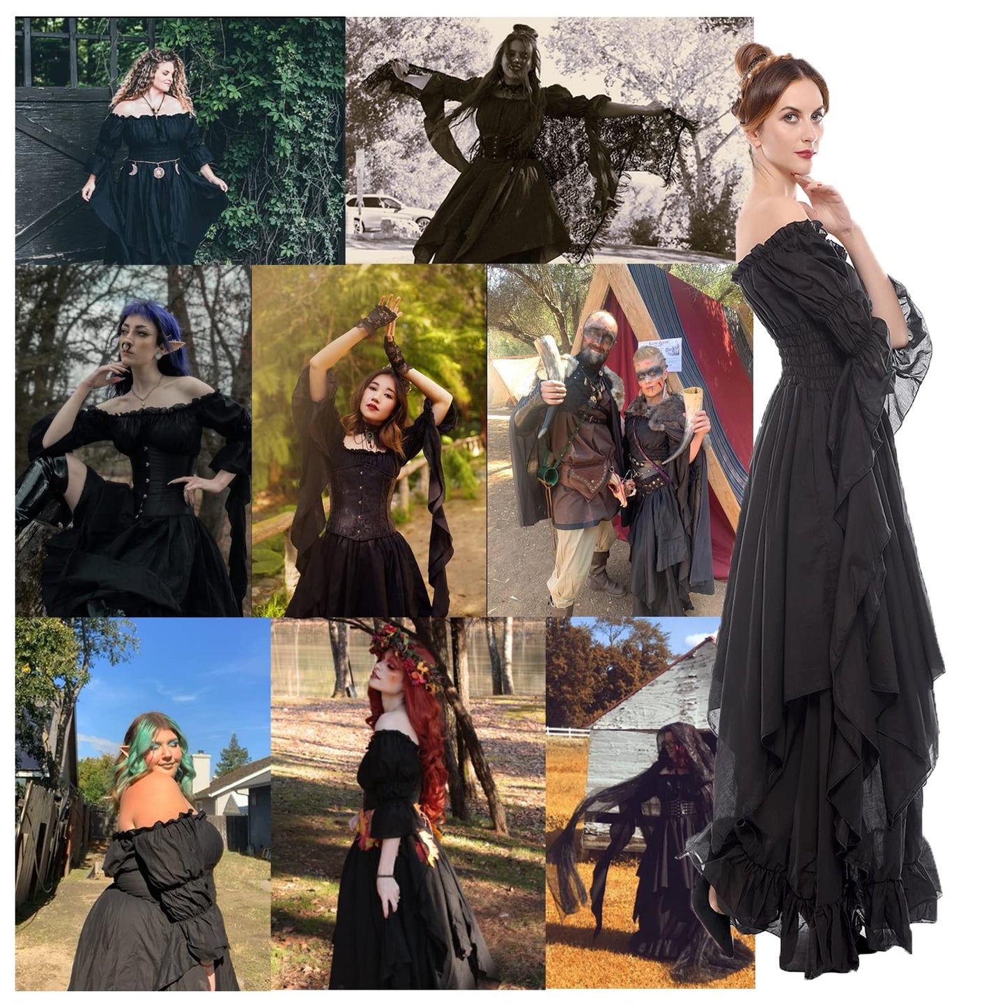 LTAKK Renaissance Dress Medieval Costume Victorian Dresses Women Peasant Gothic Fairy Witch Wedding Under Dress, Black, XXL/3XL