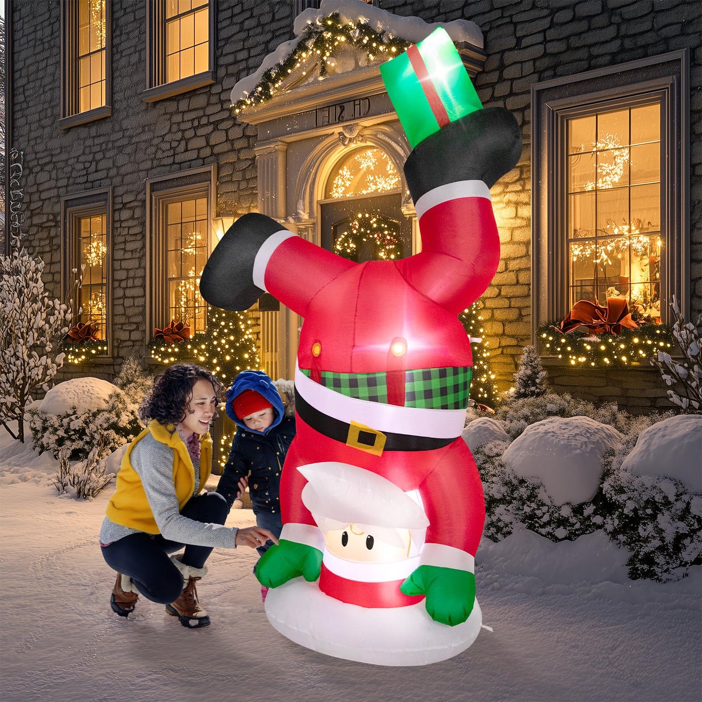 Christmas Inflatables Outdoor Decorations, 8 FT Handstand Santa Claus with 3 LED Lights Large Blow Up Yard Decor, Christmas Party Outdoor, Yard, Garden, Lawn Winter Decorations Ornaments