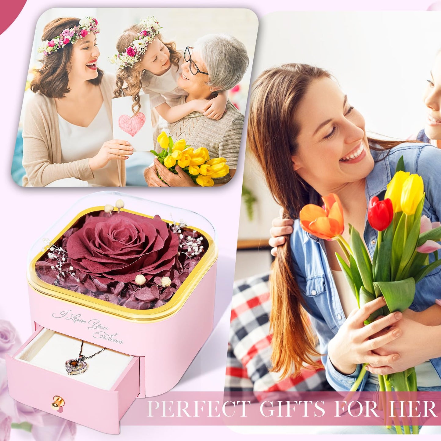 Beferr Valentines Day Gifts for Her Preserved Real Rose with Necklace Eternal Roses Forever Flowers for Delivery Prime Mothers Anniversary Birthday Gifts for Women Mom Grandma Wife Daughter Girlfriend