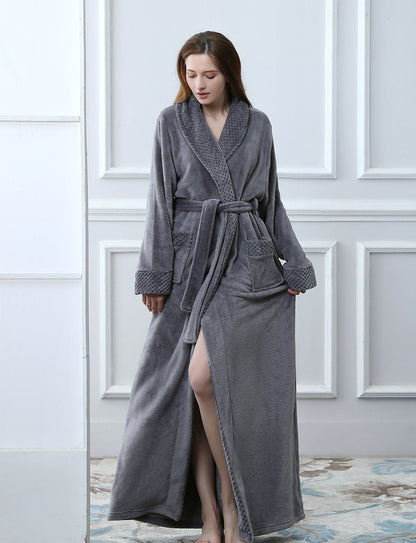 BELLOO Unisex Flannel Dressing Gown Cozy Coral Fleece Bathrobe Long Style, Grey XL
