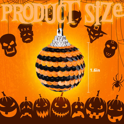 24 PCS Halloween Sequin Hanging Ball Ornaments-1.6 Inch Halloweens Black Orange Sequin Balls-Hanging Glitter Ball Ornaments for Halloween Tree Party Decor