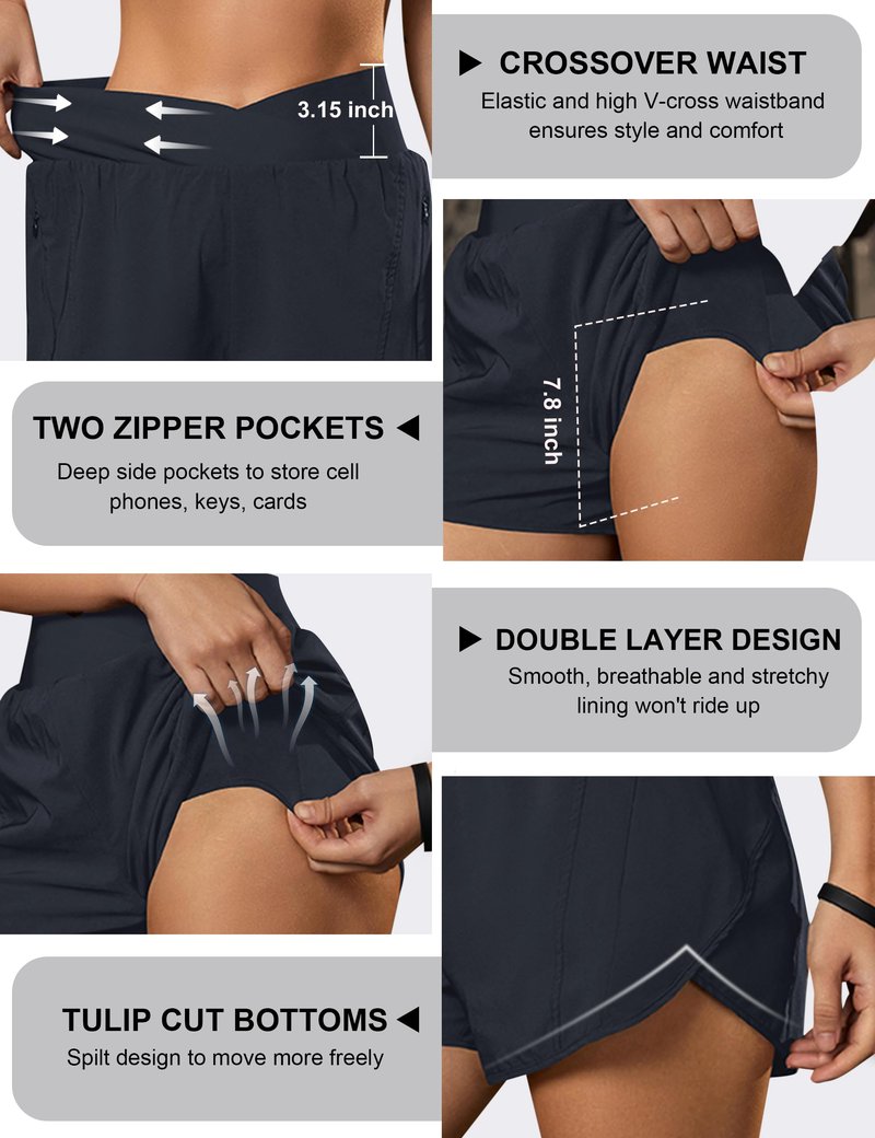 Blooming Jelly Women's Workout Shorts Athletic Running Elastic High Waisted Black Gym Yoga Shorts with Zipper Pockets (Dark Blue,Medium)