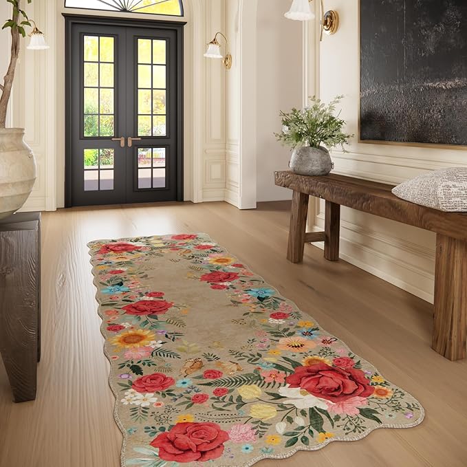 Kitchen Rug Runners for Hallways: 2x6 Washable Runner Rugs for Kitchen Ultra Thin Stain Resistant Non Slip Low Pile Lightweight Vintage Floral Carpet for Laundry Room, Bedside Decor (Khaki)